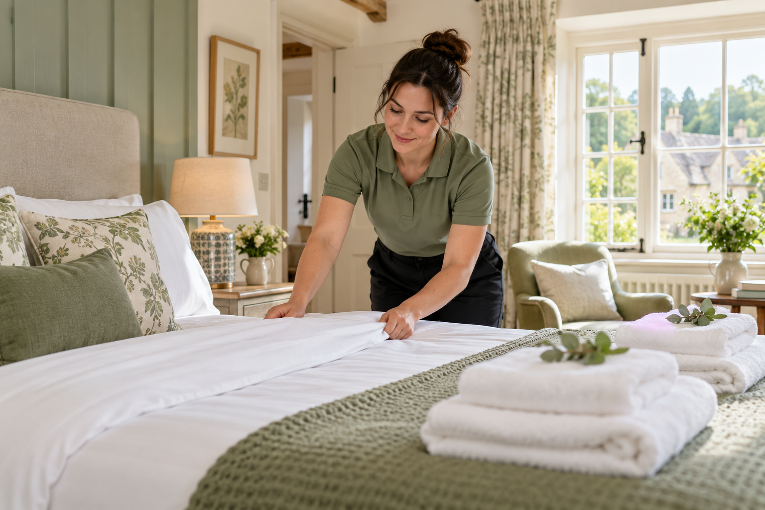 Illustrative housekeeper preparing a holiday-let bedroom