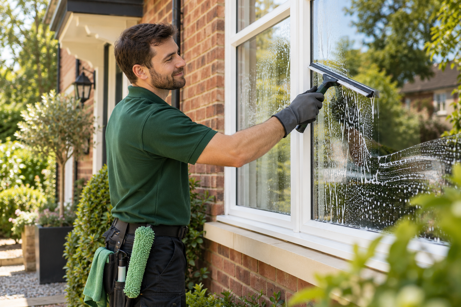 Illustrative cleaner washing a ground-floor window